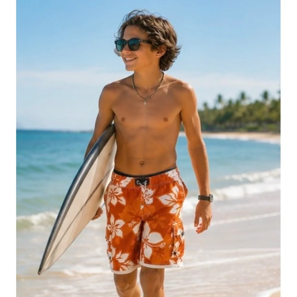 Abercrombie Original Boys Size L 14 Orange Hawaiian Floral Cargo Swim Trunks
